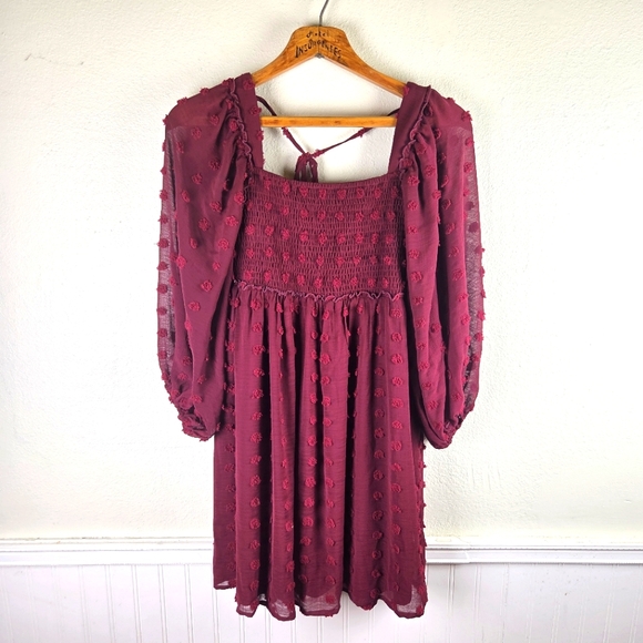 Listicle Women's Burgundy Smocked Fuzzy Poka Dot Babydoll Textured Dress SZ Med - Picture 3 of 12